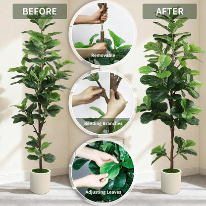 6FT Artificial Fiddle Leaf Fig Tree with White Planter & Fake Moss, Realistic Faux Ficus Lyrata Floor Plant for Indoor Home Office Decor, Housewarming Gift