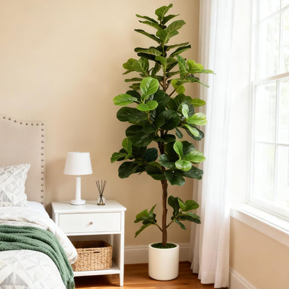 6FT Artificial Fiddle Leaf Fig Tree with White Planter & Fake Moss, Realistic Faux Ficus Lyrata Floor Plant for Indoor Home Office Decor, Housewarming Gift
