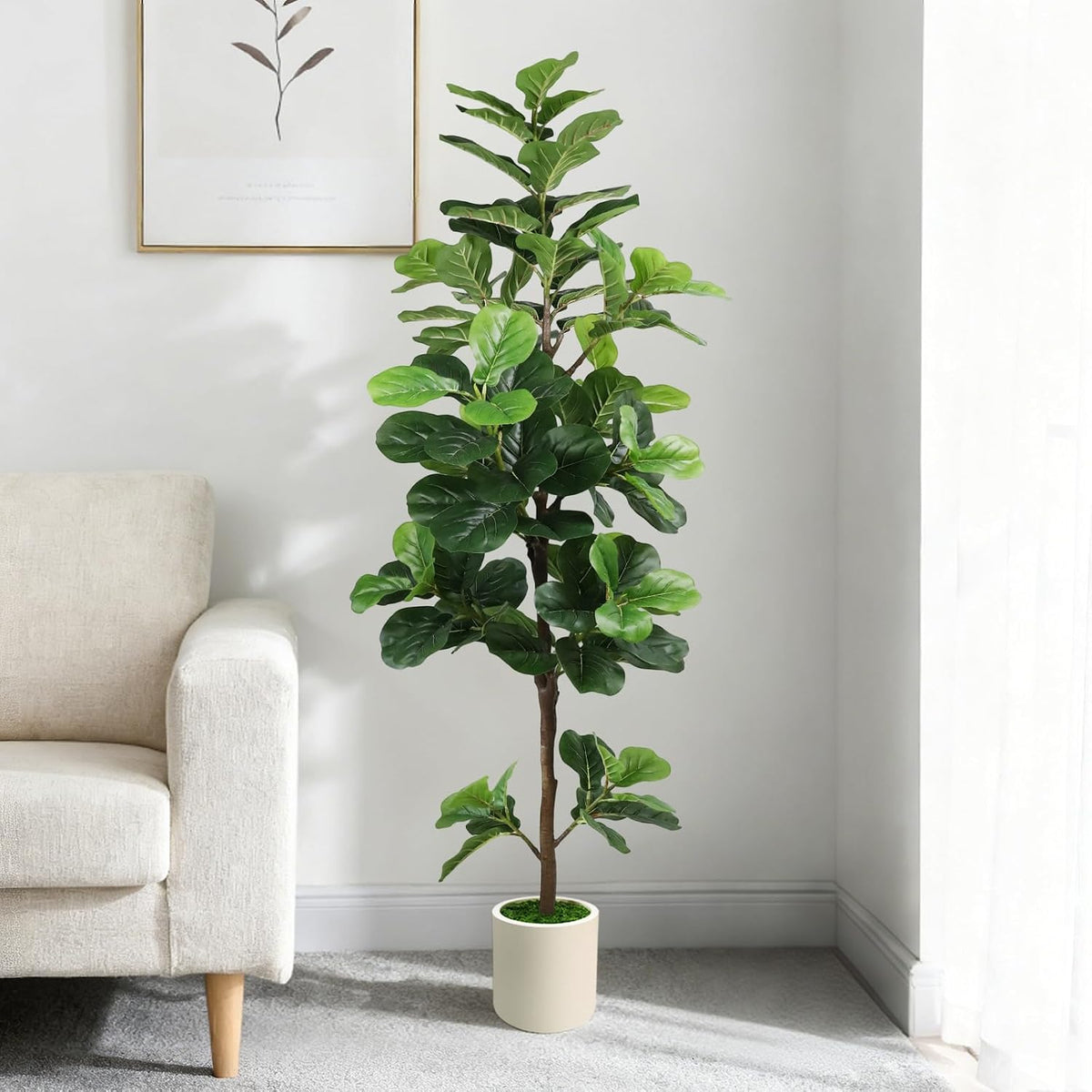 6FT Artificial Fiddle Leaf Fig Tree with White Planter & Fake Moss, Realistic Faux Ficus Lyrata Floor Plant for Indoor Home Office Decor, Housewarming Gift