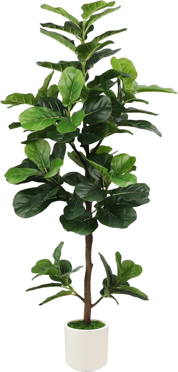 6FT Artificial Fiddle Leaf Fig Tree with White Planter & Fake Moss, Realistic Faux Ficus Lyrata Floor Plant for Indoor Home Office Decor, Housewarming Gift