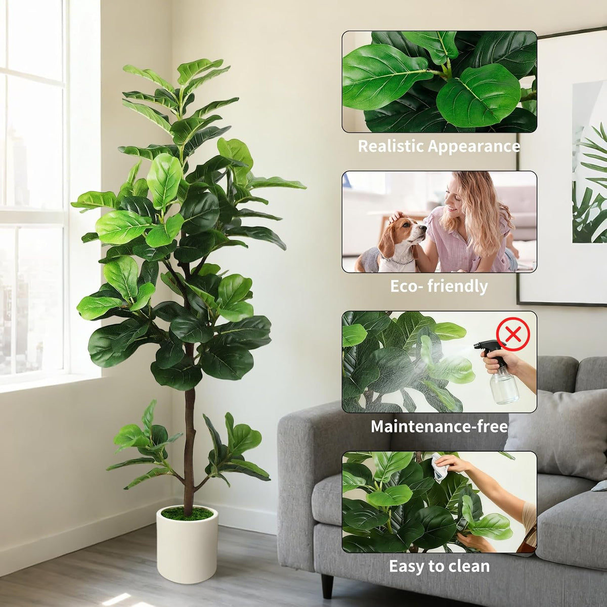 6FT Artificial Fiddle Leaf Fig Tree with White Planter & Fake Moss, Realistic Faux Ficus Lyrata Floor Plant for Indoor Home Office Decor, Housewarming Gift