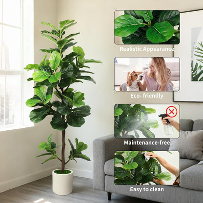 6FT Artificial Fiddle Leaf Fig Tree with White Planter & Fake Moss, Realistic Faux Ficus Lyrata Floor Plant for Indoor Home Office Decor, Housewarming Gift