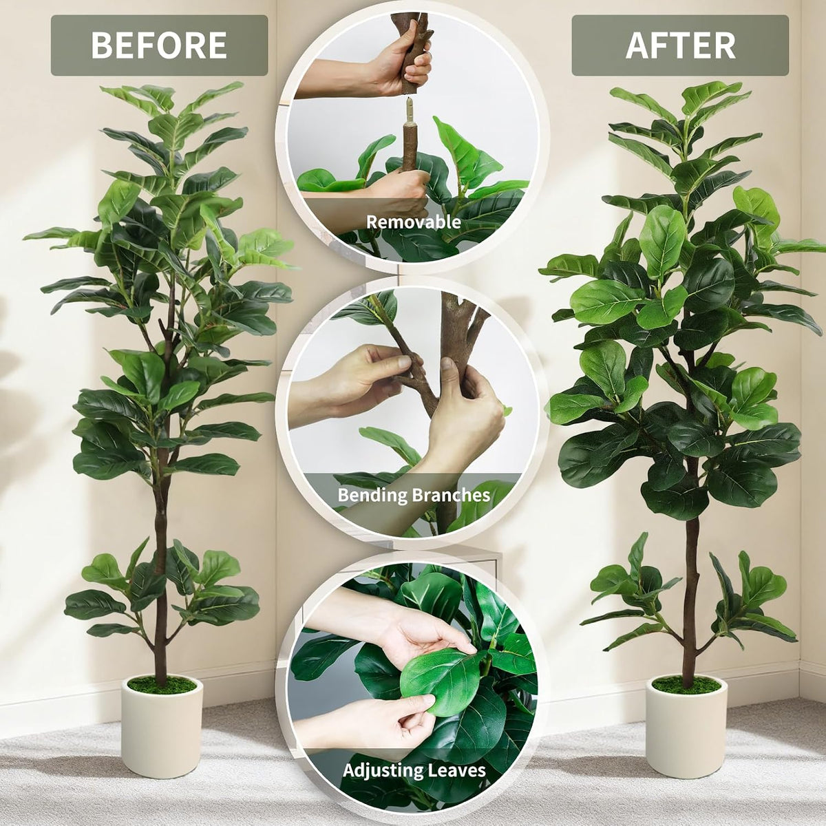 6FT Artificial Fiddle Leaf Fig Tree with White Planter & Fake Moss, Realistic Faux Ficus Lyrata Floor Plant for Indoor Home Office Decor, Housewarming Gift