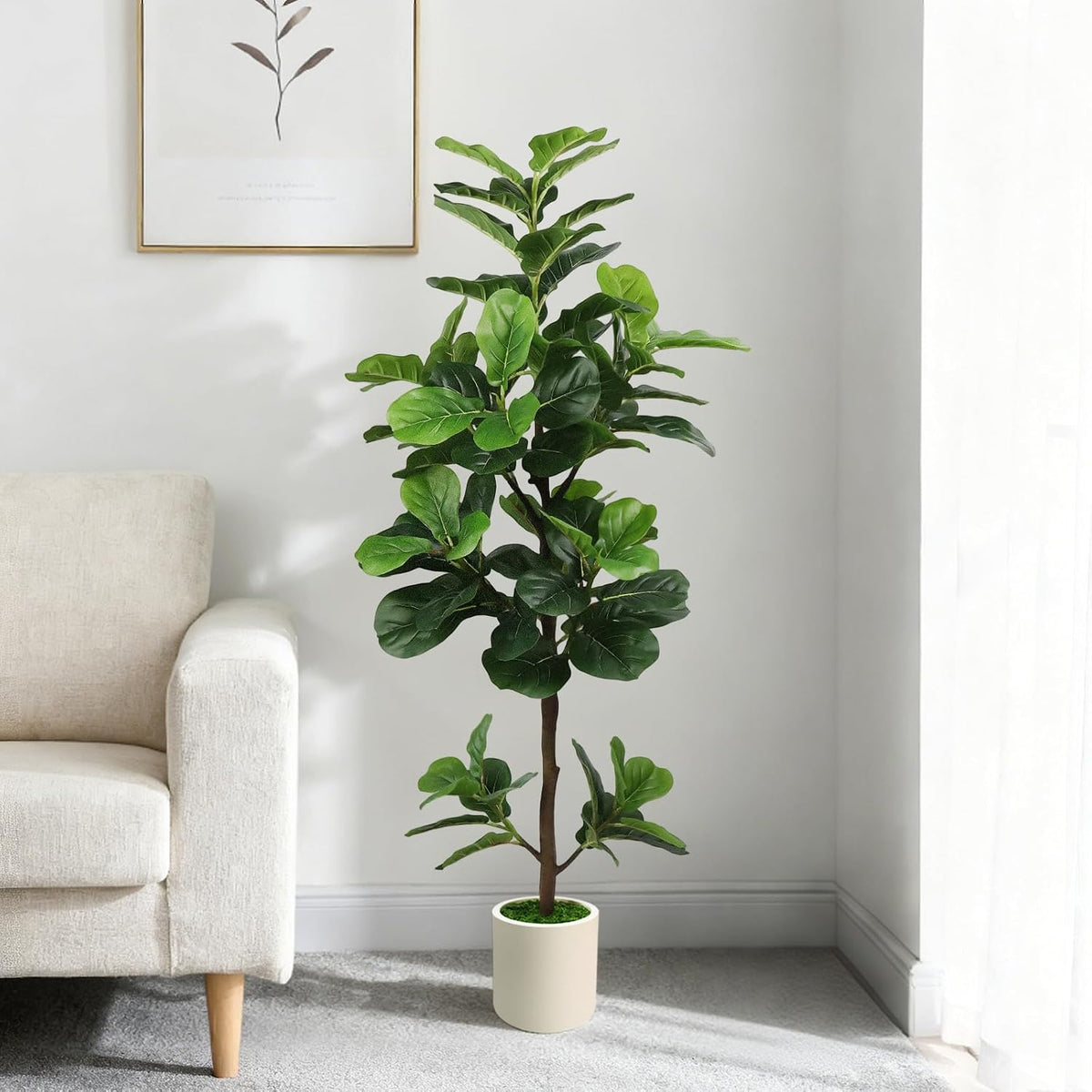 6FT Artificial Fiddle Leaf Fig Tree with White Planter & Fake Moss, Realistic Faux Ficus Lyrata Floor Plant for Indoor Home Office Decor, Housewarming Gift