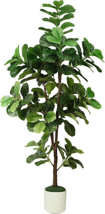 6FT Artificial Fiddle Leaf Fig Tree with White Planter & Fake Moss, Realistic Faux Ficus Lyrata Floor Plant for Indoor Home Office Decor, Housewarming Gift