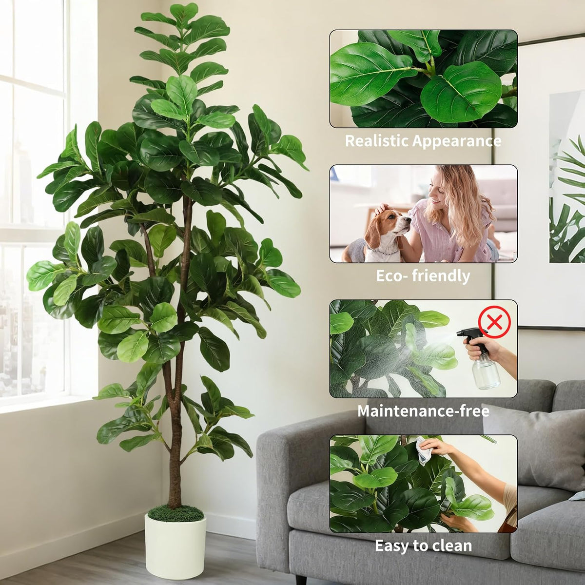 6FT Artificial Fiddle Leaf Fig Tree with White Planter & Fake Moss, Realistic Faux Ficus Lyrata Floor Plant for Indoor Home Office Decor, Housewarming Gift