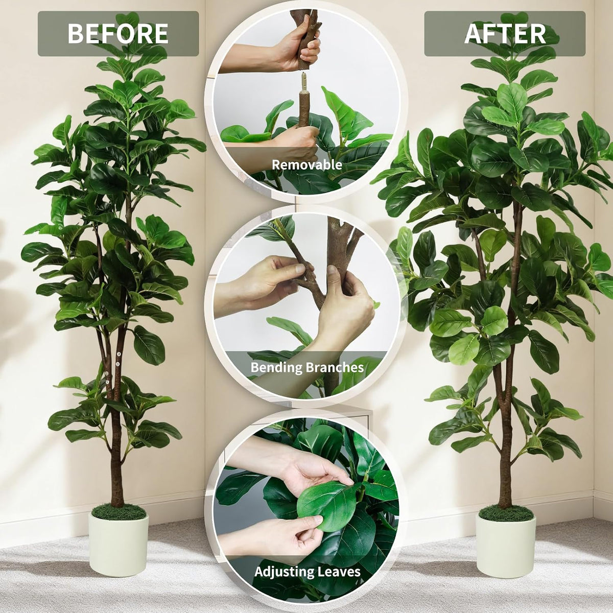 6FT Artificial Fiddle Leaf Fig Tree with White Planter & Fake Moss, Realistic Faux Ficus Lyrata Floor Plant for Indoor Home Office Decor, Housewarming Gift