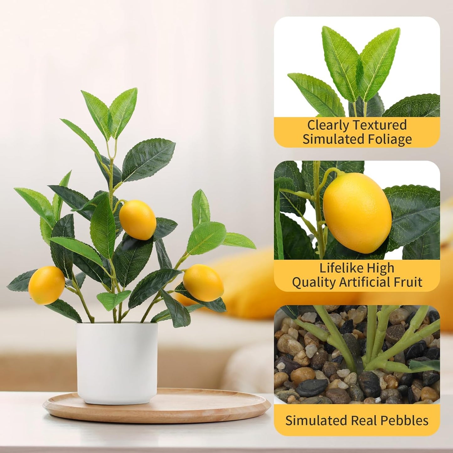 Artificial Yellow Lemons Plants Potted 14.5" Table Centerpiece | Faux lemon fruits & leaves with white pot , Fake greenery bonsai, Wedding home office desk decoration, Maintenance free
