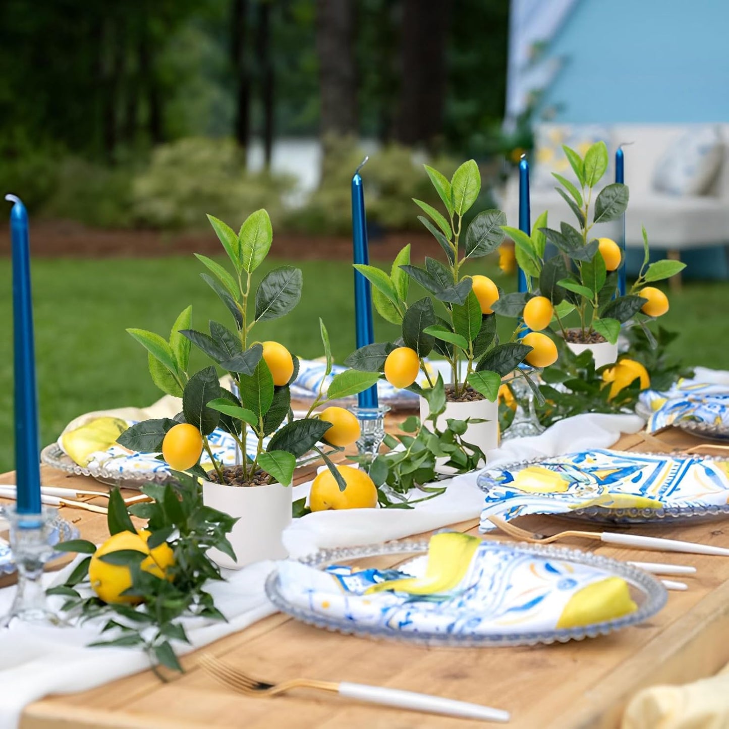 Artificial Yellow Lemons Plants Potted 14.5" Table Centerpiece | Faux lemon fruits & leaves with white pot , Fake greenery bonsai, Wedding home office desk decoration, Maintenance free