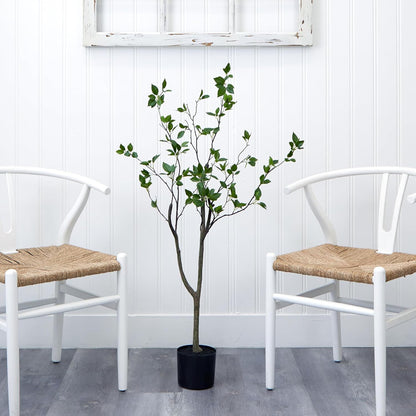 5 ft Minimalist Citrus Artificial Tree with Nursery Pot | Bendable Branches, Lifelike Foliage, Realistic Multi-Tonal Trunk, Stable Nursery Planter, Ideal for Compact Spaces