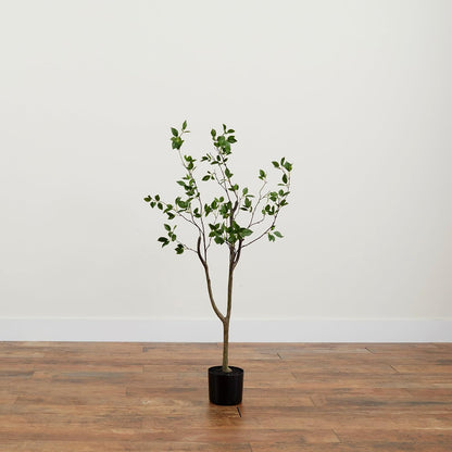 5 ft Minimalist Citrus Artificial Tree with Nursery Pot | Bendable Branches, Lifelike Foliage, Realistic Multi-Tonal Trunk, Stable Nursery Planter, Ideal for Compact Spaces