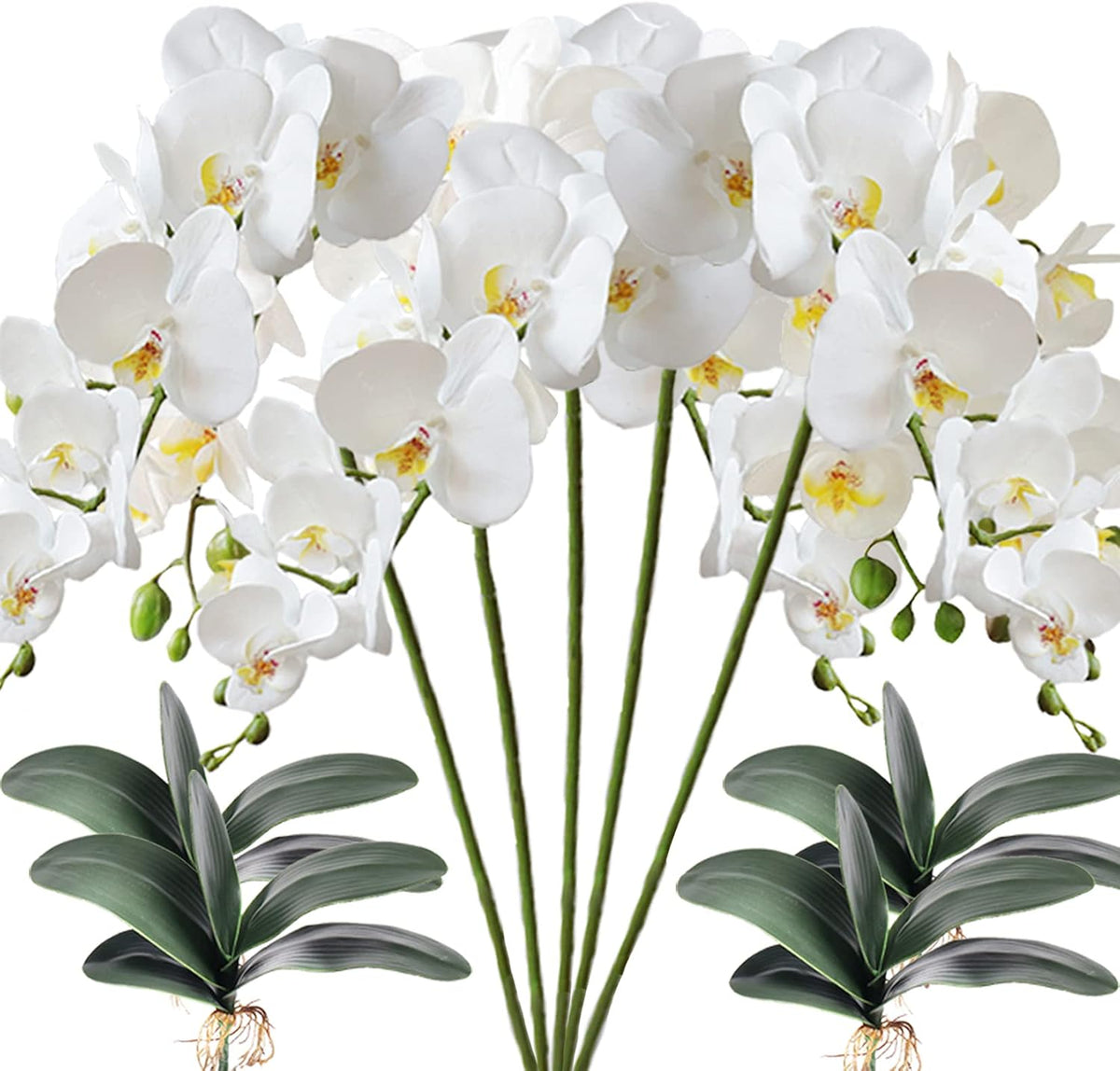 5 Pcs Artificial Phalaenopsis Flowers and 4 Bundles Leaves,Artificial Orchid Flowers with 4 Bundles Leaves Stem Plants for Home Wedding Decoration