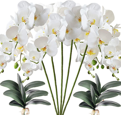 5 Pcs Artificial Phalaenopsis Flowers and 4 Bundles Leaves,Artificial Orchid Flowers with 4 Bundles Leaves Stem Plants for Home Wedding Decoration