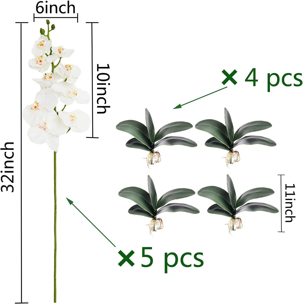 5 Pcs Artificial Phalaenopsis Flowers and 4 Bundles Leaves,Artificial Orchid Flowers with 4 Bundles Leaves Stem Plants for Home Wedding Decoration