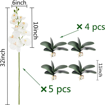 5 Pcs Artificial Phalaenopsis Flowers and 4 Bundles Leaves,Artificial Orchid Flowers with 4 Bundles Leaves Stem Plants for Home Wedding Decoration