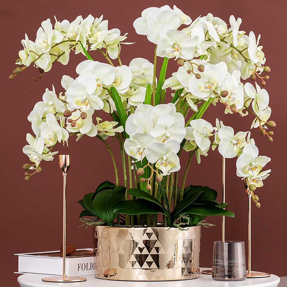 5 Pcs Artificial Phalaenopsis Flowers and 4 Bundles Leaves,Artificial Orchid Flowers with 4 Bundles Leaves Stem Plants for Home Wedding Decoration