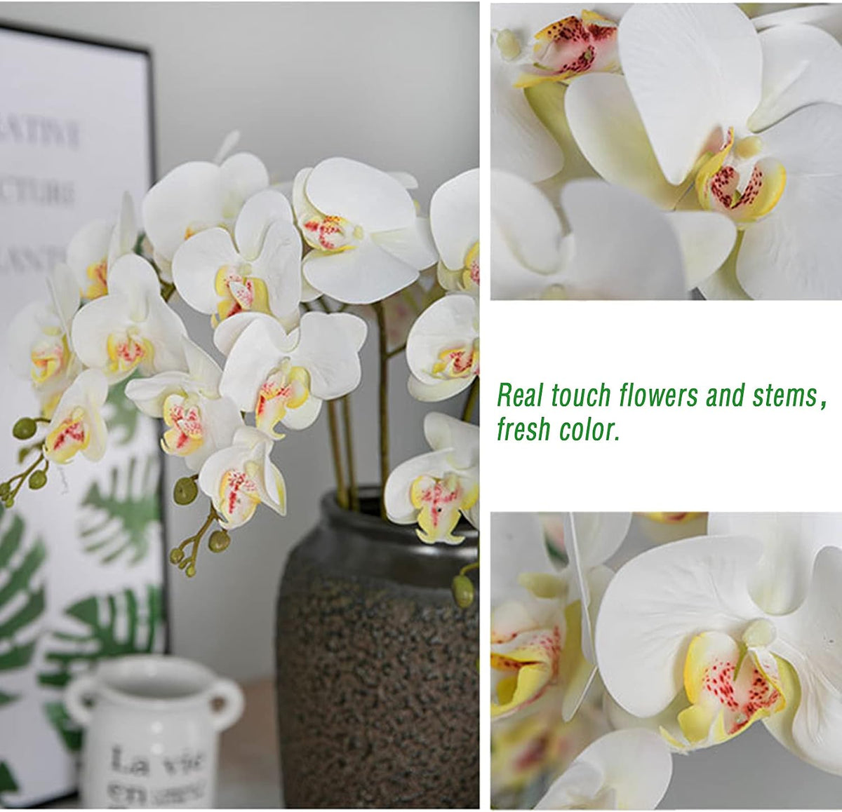 5 Pcs Artificial Phalaenopsis Flowers and 4 Bundles Leaves,Artificial Orchid Flowers with 4 Bundles Leaves Stem Plants for Home Wedding Decoration