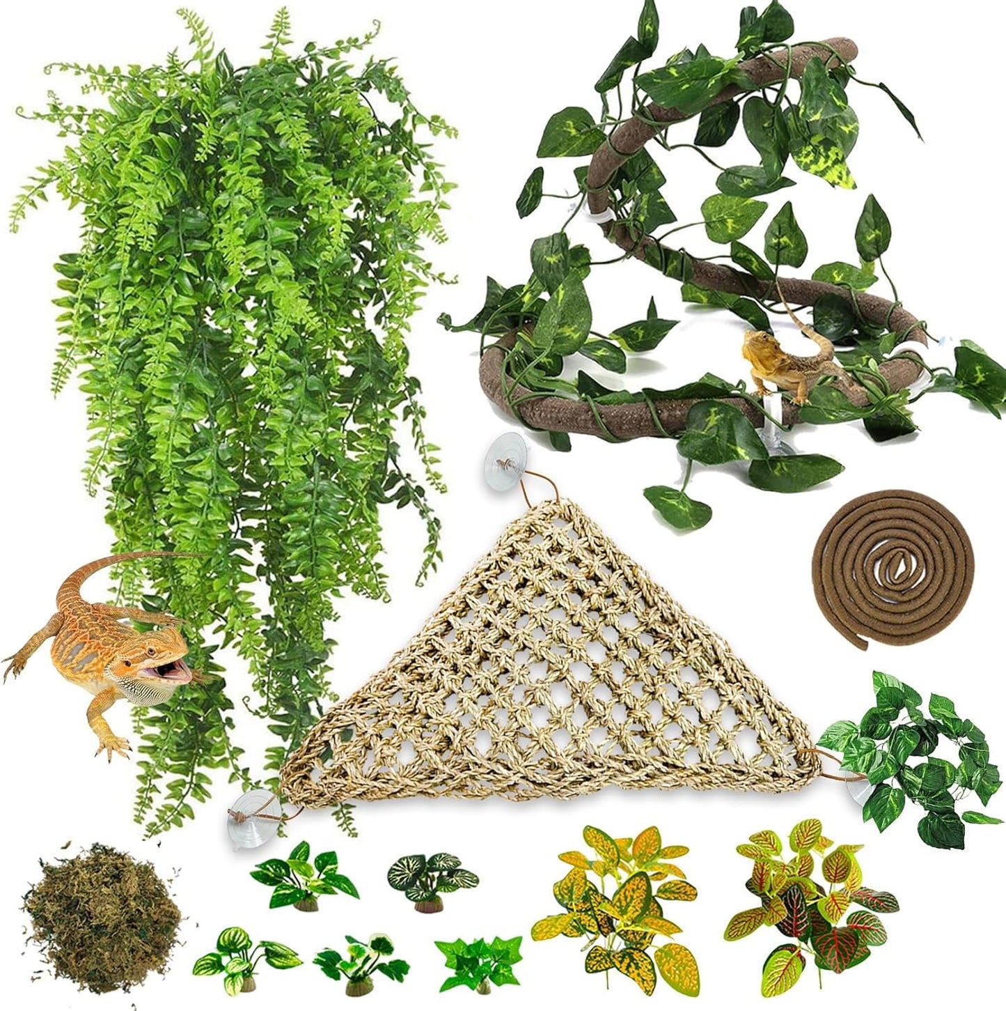 14 PCS Reptile Plants Sets, Bearded Dragon Hammock, Terrarium Hanging Plant Vines Artificial Leaves, Reptile Habitat Climbing Decorations for Chameleons, Lizards, Geckos, Snakes