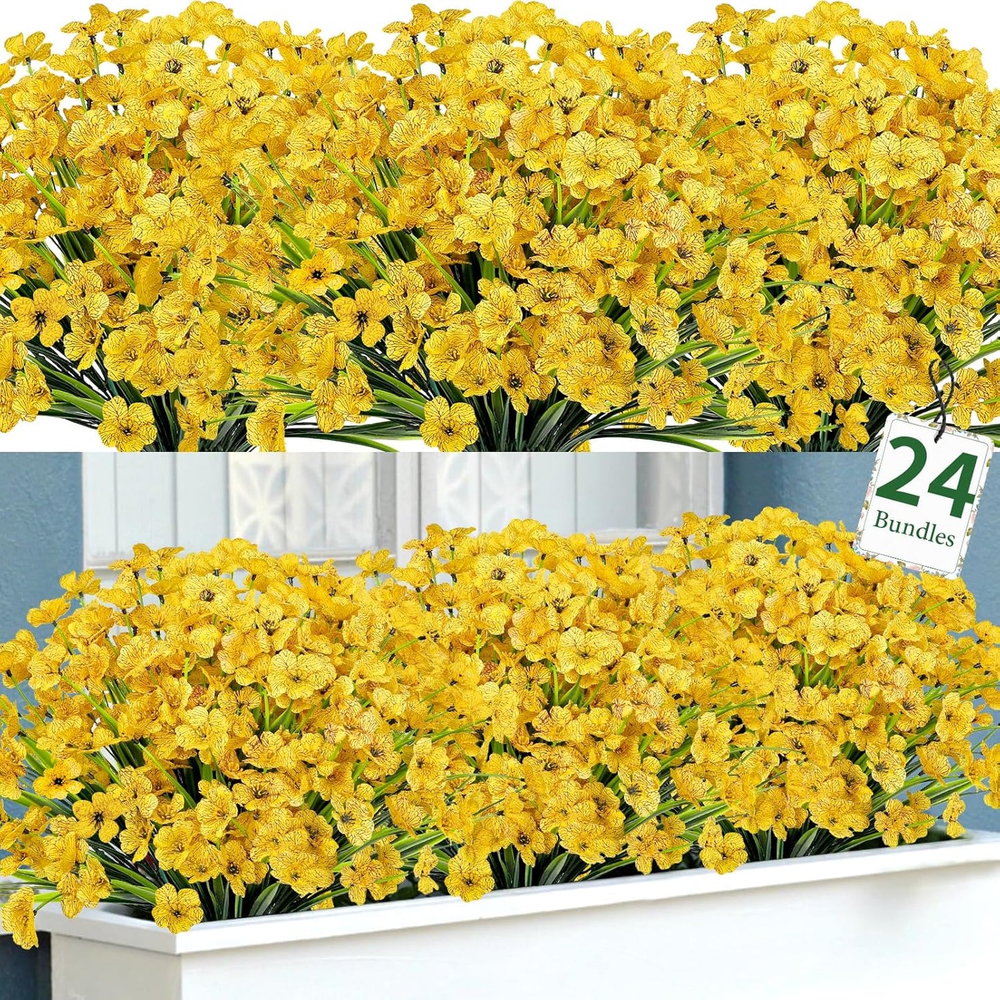24 Pcs Artificial Plants Outdoors Fake Greenery Stems, Green | Fake wheat grass, realistic, plastic shrubs, UV resistant, patio garden yard porch window planter box indoor home decor