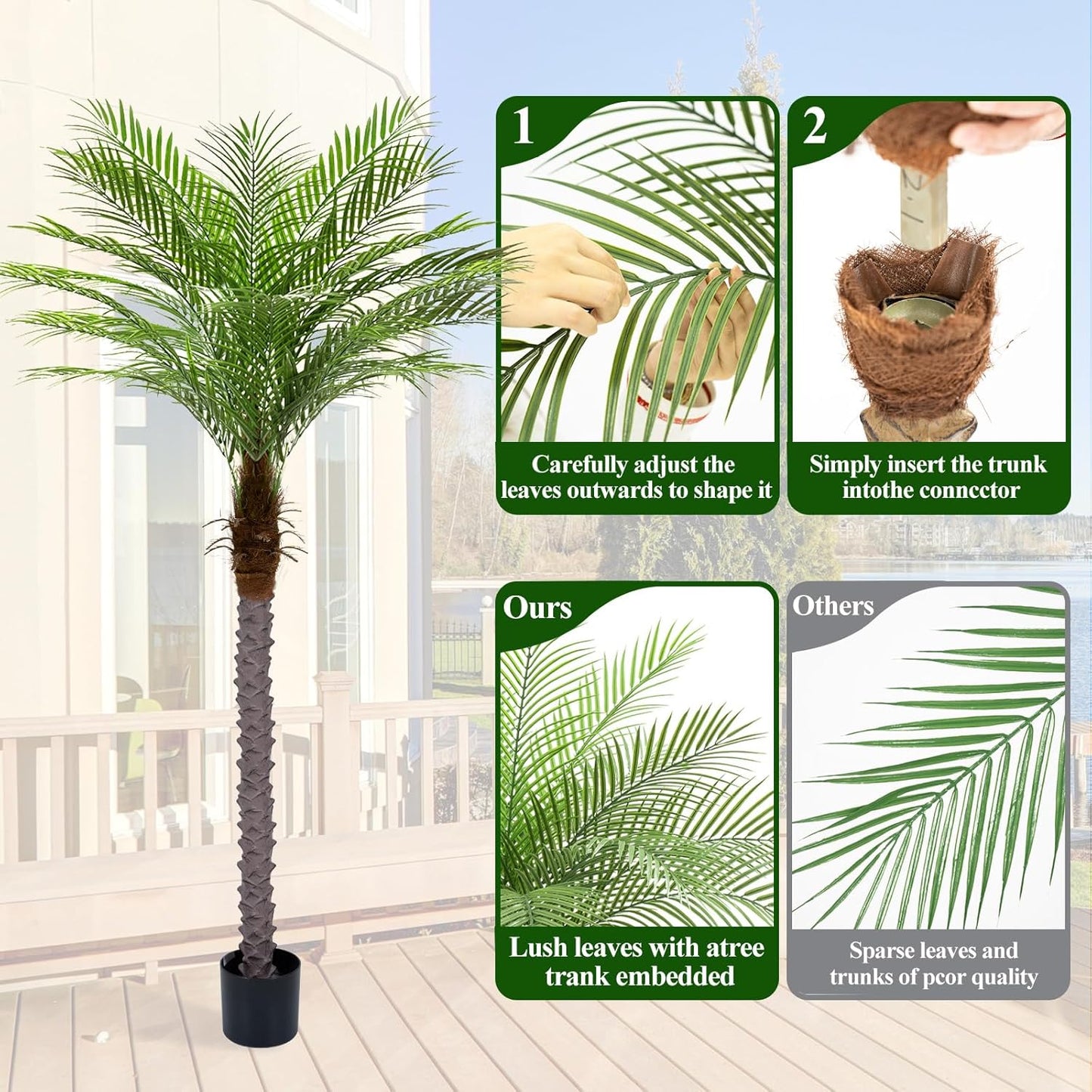9ft Artificial Phoenix Palm Tree Tall Artificial Palm Trees with 21 Adjustable Leaves,Faux Phoenix Palm Plants for Outside Patio Pool Home Office Living Room Yard (2Pcs, 9ft)