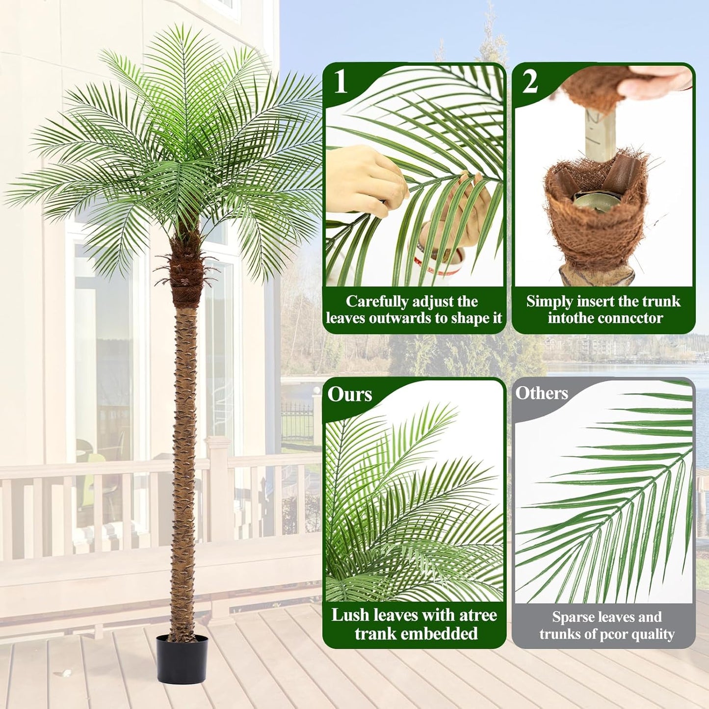 9ft Artificial Phoenix Palm Tree Tall Artificial Palm Trees with 21 Adjustable Leaves,Faux Phoenix Palm Plants for Outside Patio Pool Home Office Living Room Yard (2Pcs, 9ft)