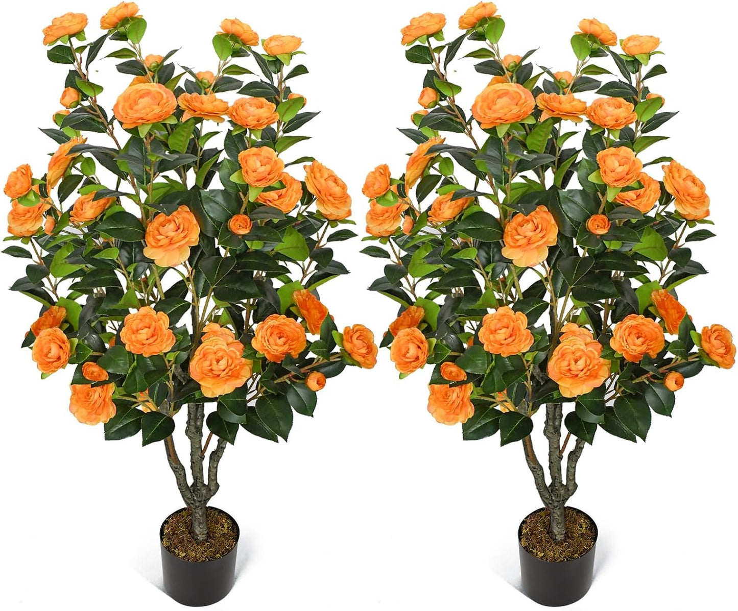2 Pack 42" Artificial Camellia Tree Faux Trees with 36 Orange Blooming Flowers Tall Camellia Plant in Cement Pot with Dried Moss for Porch Front Door