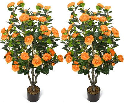 2 Pack 42" Artificial Camellia Tree Faux Trees with 36 Orange Blooming Flowers Tall Camellia Plant in Cement Pot with Dried Moss for Porch Front Door