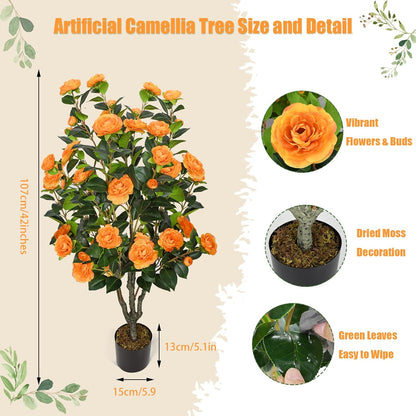 2 Pack 42" Artificial Camellia Tree Faux Trees with 36 Orange Blooming Flowers Tall Camellia Plant in Cement Pot with Dried Moss for Porch Front Door