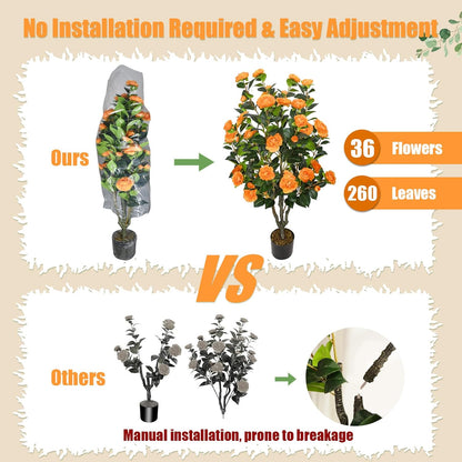2 Pack 42" Artificial Camellia Tree Faux Trees with 36 Orange Blooming Flowers Tall Camellia Plant in Cement Pot with Dried Moss for Porch Front Door