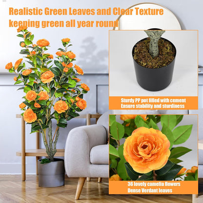 2 Pack 42" Artificial Camellia Tree Faux Trees with 36 Orange Blooming Flowers Tall Camellia Plant in Cement Pot with Dried Moss for Porch Front Door