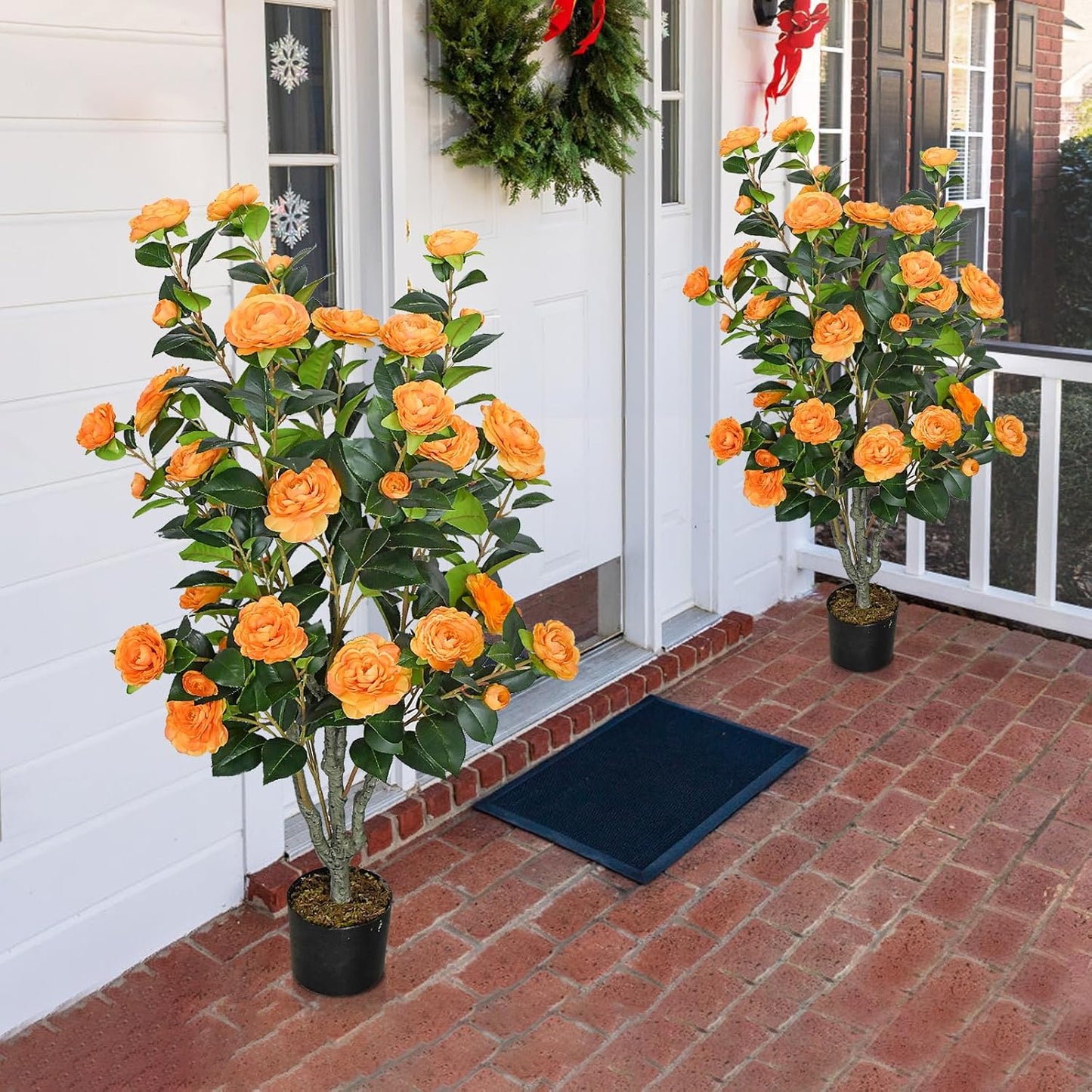 2 Pack 42" Artificial Camellia Tree Faux Trees with 36 Orange Blooming Flowers Tall Camellia Plant in Cement Pot with Dried Moss for Porch Front Door