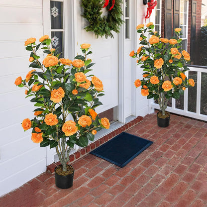 2 Pack 42" Artificial Camellia Tree Faux Trees with 36 Orange Blooming Flowers Tall Camellia Plant in Cement Pot with Dried Moss for Porch Front Door