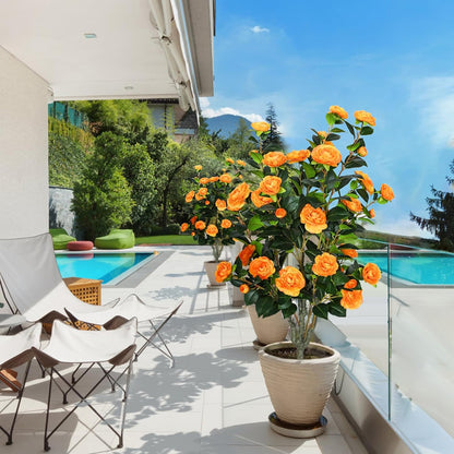 2 Pack 42" Artificial Camellia Tree Faux Trees with 36 Orange Blooming Flowers Tall Camellia Plant in Cement Pot with Dried Moss for Porch Front Door