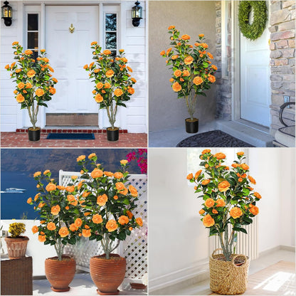 2 Pack 42" Artificial Camellia Tree Faux Trees with 36 Orange Blooming Flowers Tall Camellia Plant in Cement Pot with Dried Moss for Porch Front Door