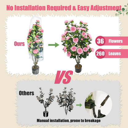 2 Pack 42" Artificial Camellia Tree Faux Trees with 36 Orange Blooming Flowers Tall Camellia Plant in Cement Pot with Dried Moss for Porch Front Door