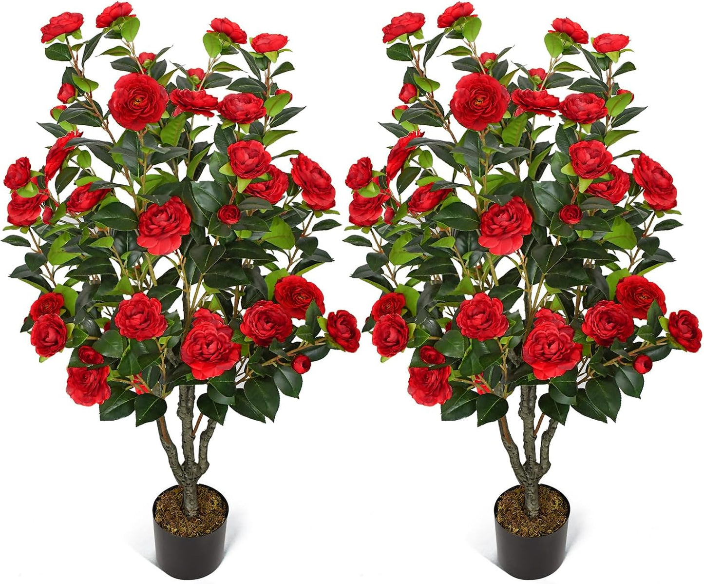 2 Pack 42" Artificial Camellia Tree Faux Trees with 36 Orange Blooming Flowers Tall Camellia Plant in Cement Pot with Dried Moss for Porch Front Door