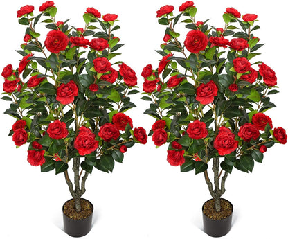 2 Pack 42" Artificial Camellia Tree Faux Trees with 36 Orange Blooming Flowers Tall Camellia Plant in Cement Pot with Dried Moss for Porch Front Door