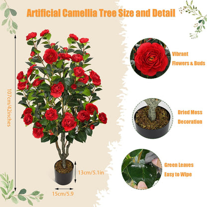 2 Pack 42" Artificial Camellia Tree Faux Trees with 36 Orange Blooming Flowers Tall Camellia Plant in Cement Pot with Dried Moss for Porch Front Door