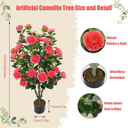 2 Pack 42" Artificial Camellia Tree Faux Trees with 36 Orange Blooming Flowers Tall Camellia Plant in Cement Pot with Dried Moss for Porch Front Door