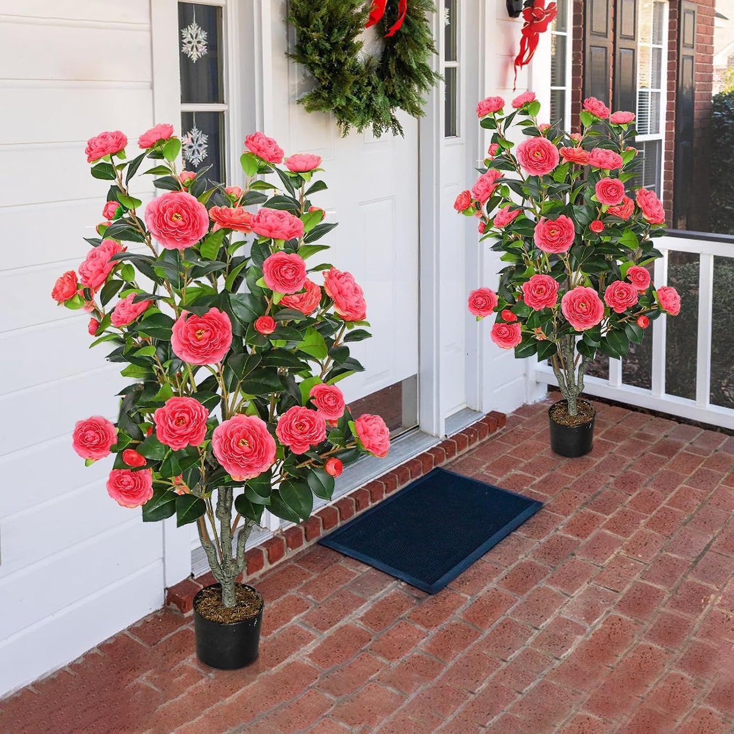 2 Pack 42" Artificial Camellia Tree Faux Trees with 36 Orange Blooming Flowers Tall Camellia Plant in Cement Pot with Dried Moss for Porch Front Door