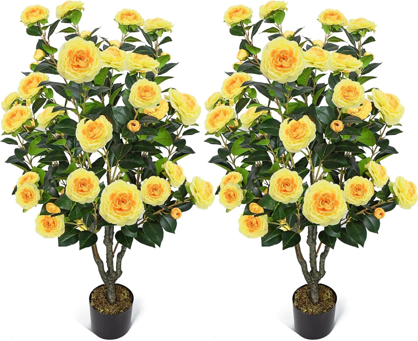2 Pack 42" Artificial Camellia Tree Faux Trees with 36 Orange Blooming Flowers Tall Camellia Plant in Cement Pot with Dried Moss for Porch Front Door