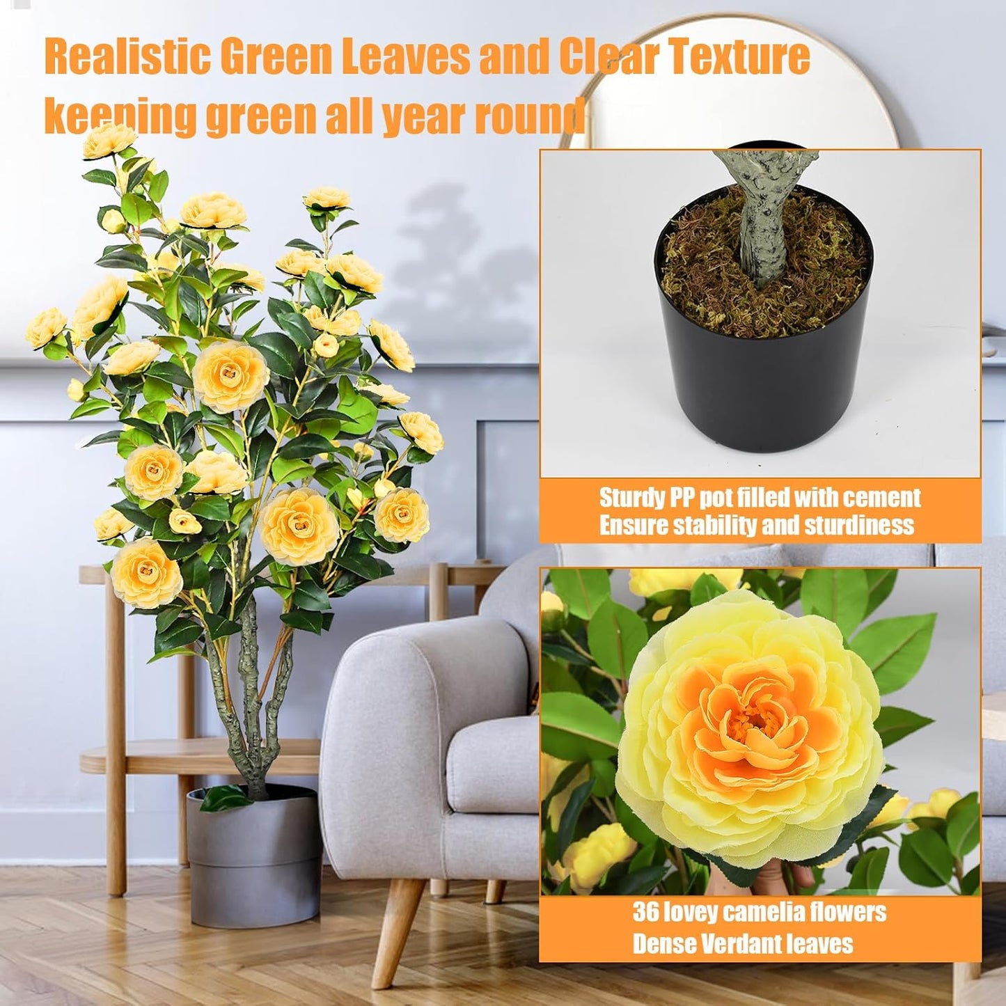 2 Pack 42" Artificial Camellia Tree Faux Trees with 36 Orange Blooming Flowers Tall Camellia Plant in Cement Pot with Dried Moss for Porch Front Door