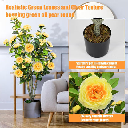2 Pack 42" Artificial Camellia Tree Faux Trees with 36 Orange Blooming Flowers Tall Camellia Plant in Cement Pot with Dried Moss for Porch Front Door
