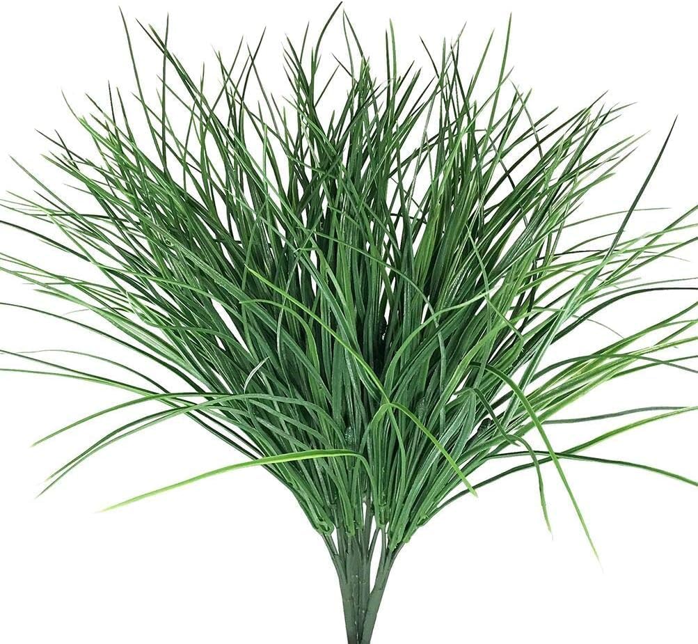 8pcs Artificial Fake Grass Plants Flowers Faux Plastic Wheat Grass Outdoor UV Resistant Greenery Shrubs Plant for Outdoor Planters Wedding Indoor Outside Hanging Home Garden Décor (8, Green)