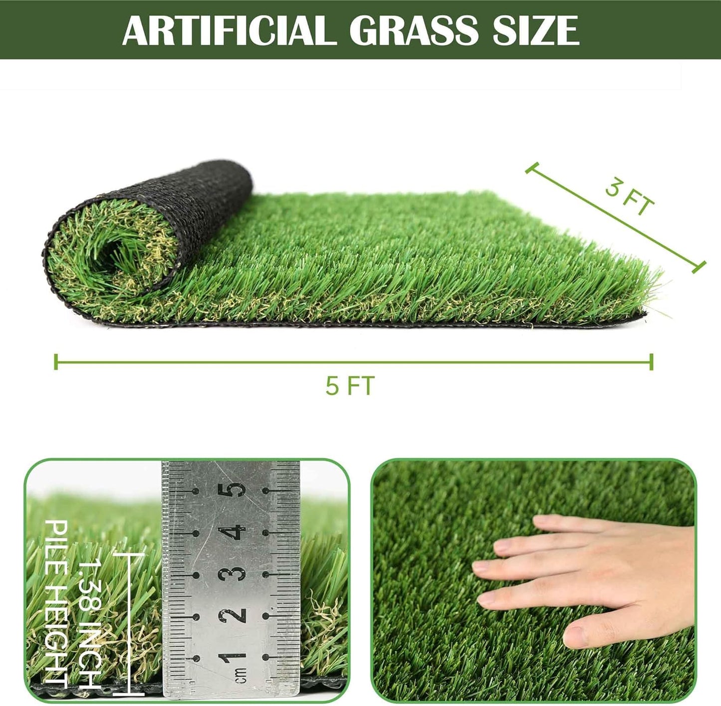 1.38" Artificial Grass Turf 3 x 5 FT, Dog Grass Pads Indoor Outdoor Garden Lawn Landscape Patio Turf Mat Thick Fake Faux Grass Rug Dog Pets Mat for Puppy Potty Training
