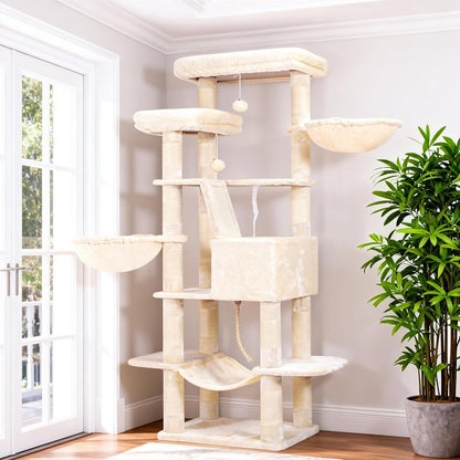 Cat Tree, 71-Inch Tall Tower for Indoor Cats with 2 Perches, 2 Big Condos, 2 Hammocks, Basket, Scratching Pad, Large Cat Furniture and Condo, Green HCT034GR