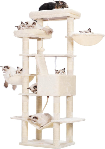 Cat Tree, 71-Inch Tall Tower for Indoor Cats with 2 Perches, 2 Big Condos, 2 Hammocks, Basket, Scratching Pad, Large Cat Furniture and Condo, Green HCT034GR