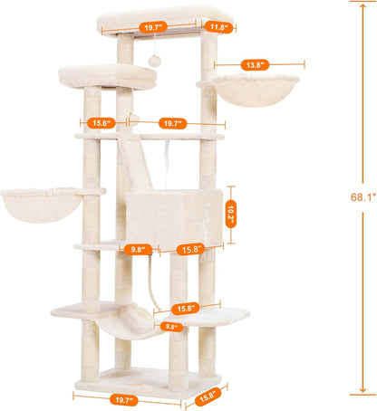 Cat Tree, 71-Inch Tall Tower for Indoor Cats with 2 Perches, 2 Big Condos, 2 Hammocks, Basket, Scratching Pad, Large Cat Furniture and Condo, Green HCT034GR