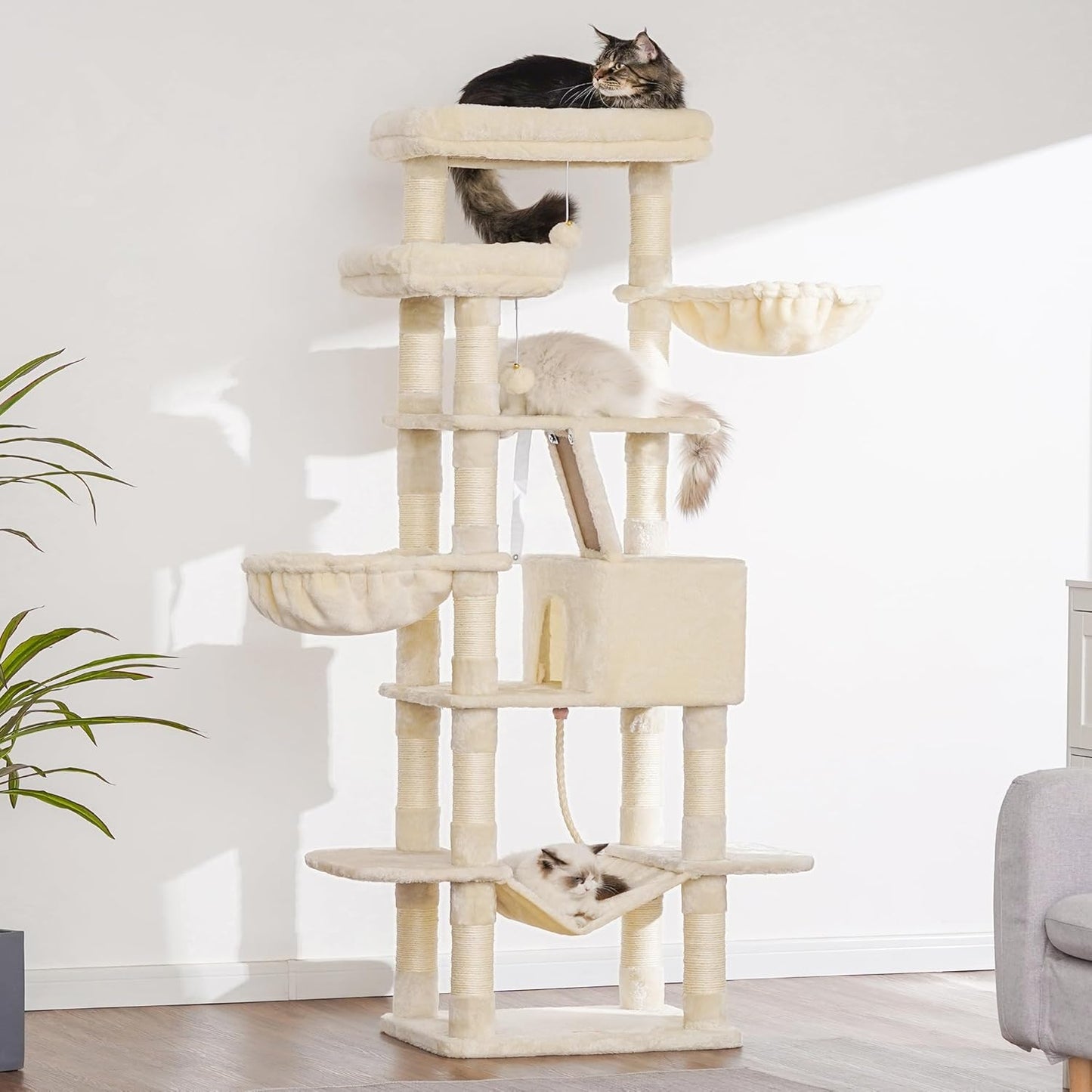 Cat Tree, 71-Inch Tall Tower for Indoor Cats with 2 Perches, 2 Big Condos, 2 Hammocks, Basket, Scratching Pad, Large Cat Furniture and Condo, Green HCT034GR