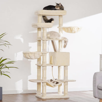 Cat Tree, 71-Inch Tall Tower for Indoor Cats with 2 Perches, 2 Big Condos, 2 Hammocks, Basket, Scratching Pad, Large Cat Furniture and Condo, Green HCT034GR